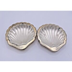2 Vtg Japan Gold Clam Shell Nut Sauce Trinket Salt Butter Dishes Glass Insert